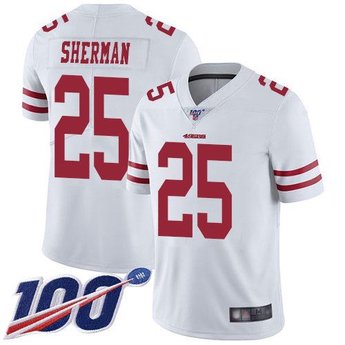 Nike 49ers #25 Richard Sherman White Men’s Stitched NFL 100th Season Vapor Limited Jersey