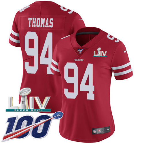 Nike 49ers #94 Solomon Thomas Red Super Bowl LIV 2020 Team Color Women’s Stitched NFL 100th Season Vapor Limited Jersey