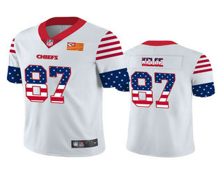 Men’s Kansas City Chiefs #87 Travis Kelce White Independence Day Stars Stripes Jersey