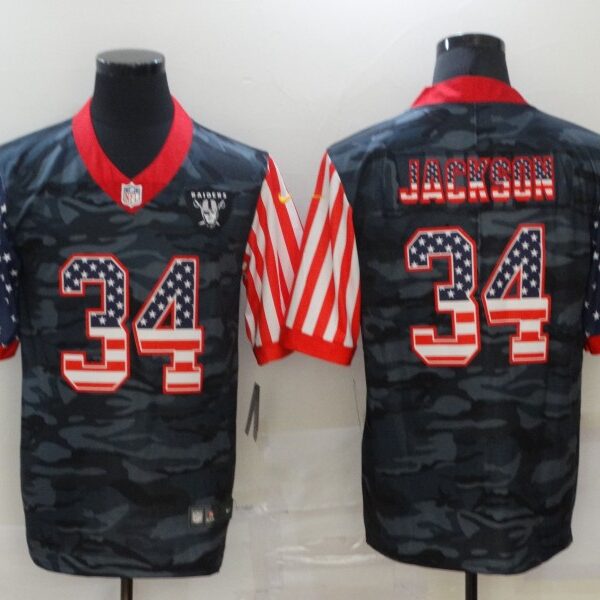 Men’s Las Vegas Raiders #34 Bo Jackson USA Camo 2020 Salute To Service Stitched NFL Nike Limited Jersey