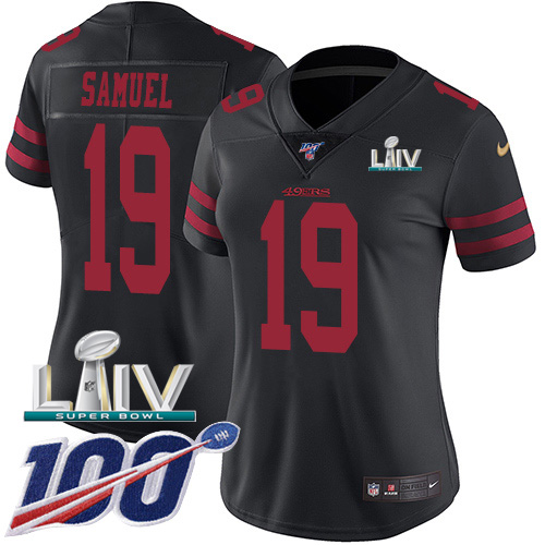 Nike 49ers #19 Deebo Samuel Black Super Bowl LIV 2020 Alternate Women’s Stitched NFL 100th Season Vapor Limited Jersey