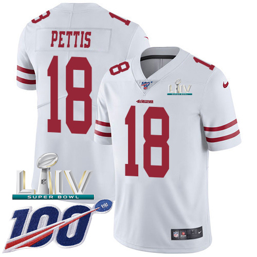 Nike 49ers #18 Dante Pettis White Super Bowl LIV 2020 Men’s Stitched NFL 100th Season Vapor Limited Jersey