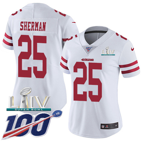 Nike 49ers #25 Richard Sherman White Super Bowl LIV 2020 Women’s Stitched NFL 100th Season Vapor Limited Jersey