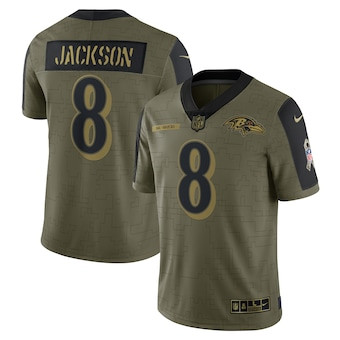 Men’s Baltimore Ravens #8 Lamar Jackson Nike Olive 2021 Salute To Service Limited Player Jersey