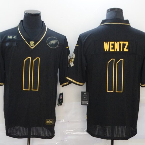 Men’s Philadelphia Eagles #11 Carson Wentz Black Gold 2020 Salute To Service Stitched NFL Nike Limited Jersey