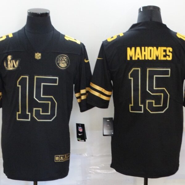 Men’s Kansas City Chiefs #15 Patrick Mahomes Black Super Bowl LIV Golden Edition Jersey