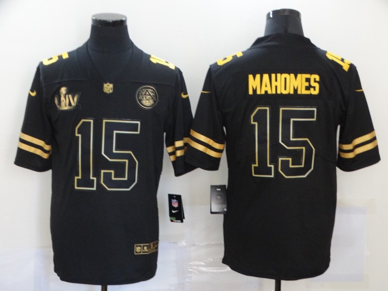 Men’s Kansas City Chiefs #15 Patrick Mahomes Black Super Bowl LIV Golden Edition Jersey