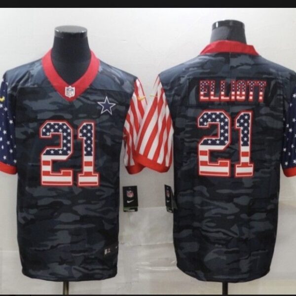 Men’s Dallas Cowboys #21 Ezekiel Elliott Camo Salute To Serve USA Flag Limited Jersey