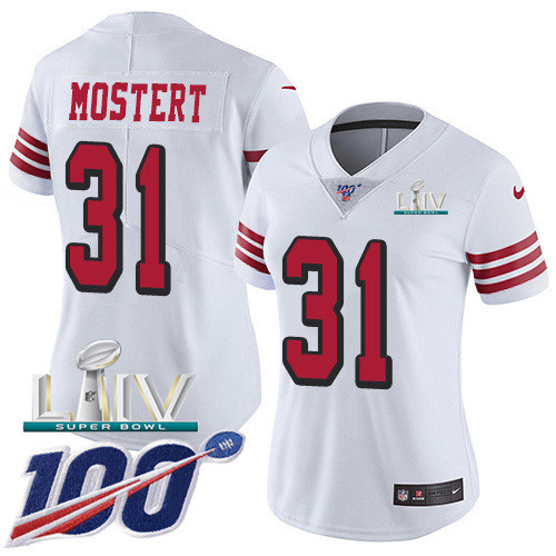 Nike 49ers #31 Raheem Mostert White Super Bowl LIV 2020 Women’s Stitched NFL Limited Rush 100th Season Jersey