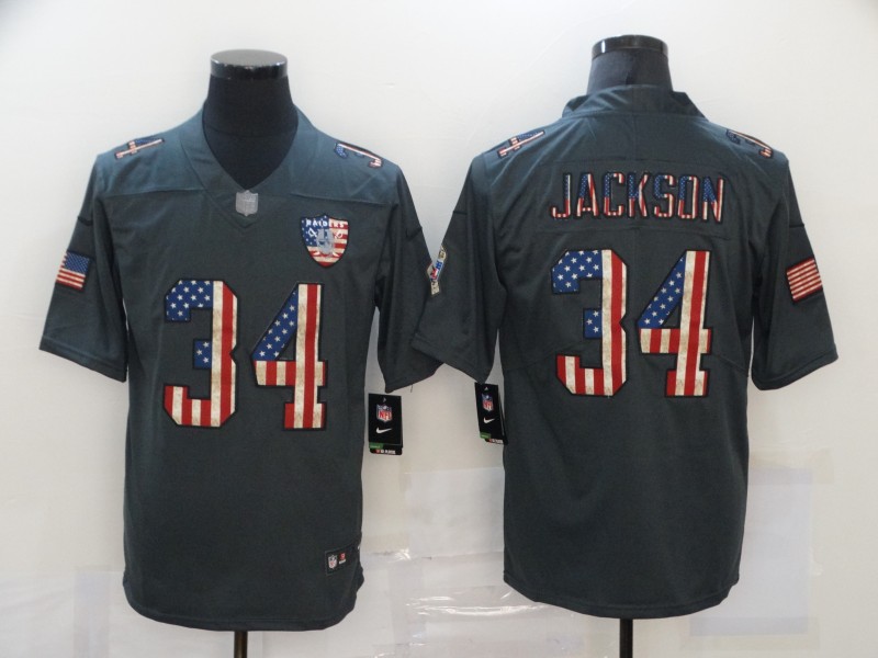 Men’s Las Vegas Raiders #34 Bo Jackson 2019 Black Salute To Service USA Flag Fashion Limited Jersey