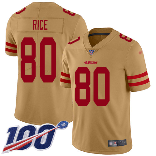 Nike 49ers #80 Jerry Rice Gold Men’s Stitched NFL Limited Inverted Legend 100th Season Jersey