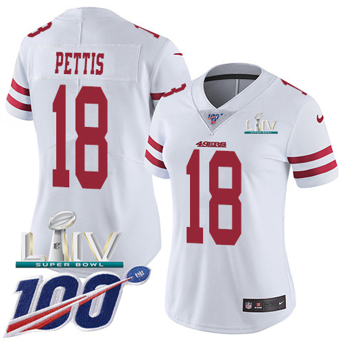 Nike 49ers #18 Dante Pettis White Super Bowl LIV 2020 Women’s Stitched NFL 100th Season Vapor Limited Jersey