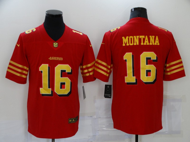 Men’s San Francisco 49ers #16 Joe Montana Red Gold 2021 Vapor Untouchable Stitched NFL Nike Limited Jersey
