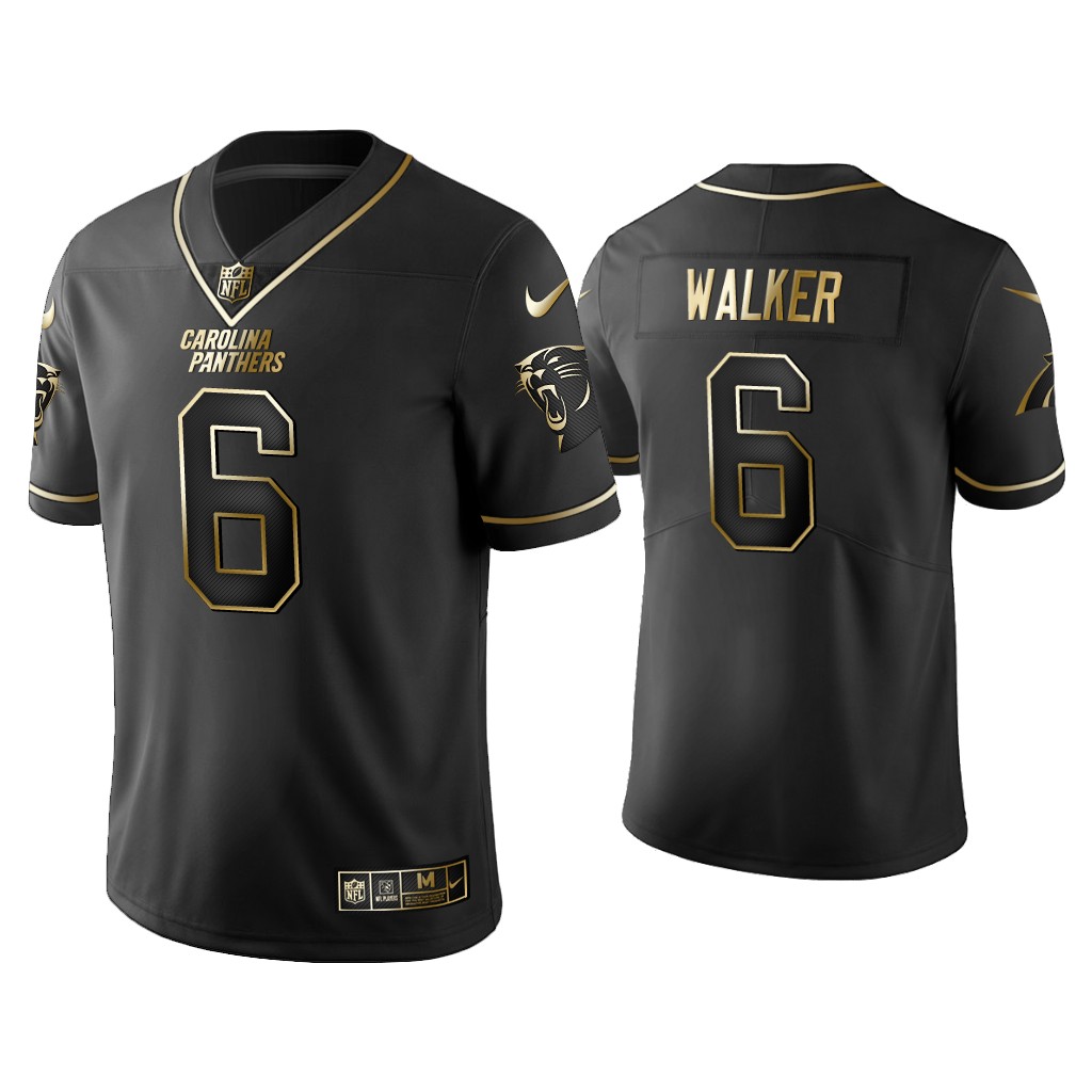 Men’s Carolina Panthers #6 P.J. Walker Golden Edition Vapor Limited Black Nike Jersey