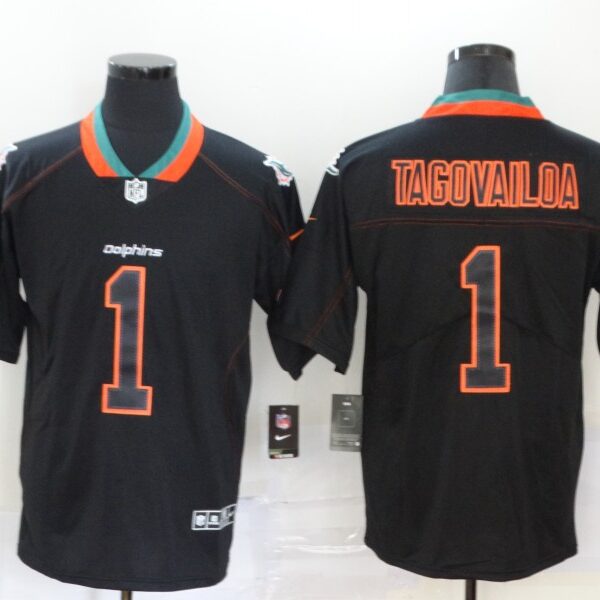 Men’s Miami Dolphins #1 Tua Tagovailoa 2020 Black Lights Out Color Rush Stitched NFL Nike Limited Jersey