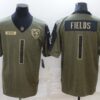 Men’s Chicago Bears #1 Justin Fields 2021 Olive Salute To Service Limited Stitched Jersey