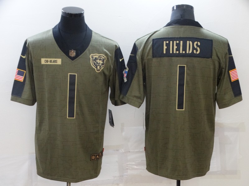 Men’s Chicago Bears #1 Justin Fields 2021 Olive Salute To Service Limited Stitched Jersey