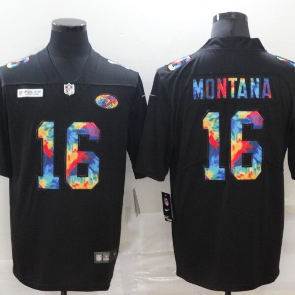 Men’s San Francisco 49ers #16 Joe Montana Multi-Color Black 2020 NFL Crucial Catch Vapor Untouchable Nike Limited Jersey