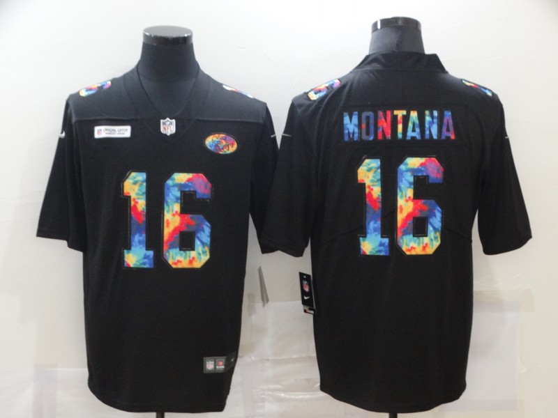 Men’s San Francisco 49ers #16 Joe Montana Multi-Color Black 2020 NFL Crucial Catch Vapor Untouchable Nike Limited Jersey