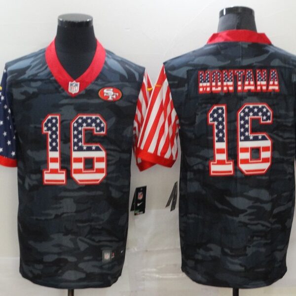 Men’s San Francisco 49ers #16 Joe Montana USA Camo 2020 Salute To Service Stitched NFL Nike Limited Jersey