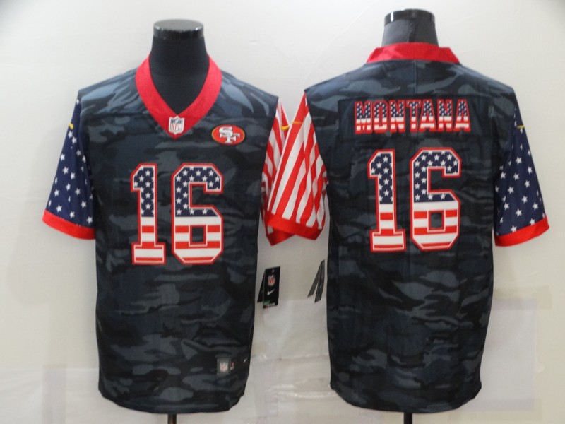 Men’s San Francisco 49ers #16 Joe Montana USA Camo 2020 Salute To Service Stitched NFL Nike Limited Jersey