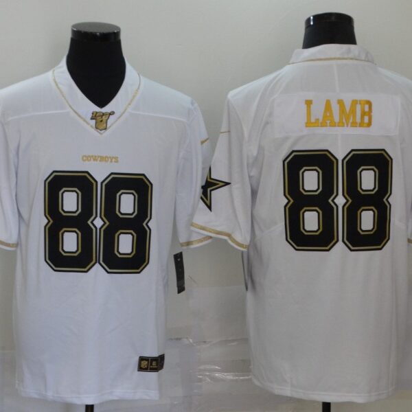 Men’s Dallas Cowboys #88 CeeDee Lamb White 100th Season Golden Edition Jersey