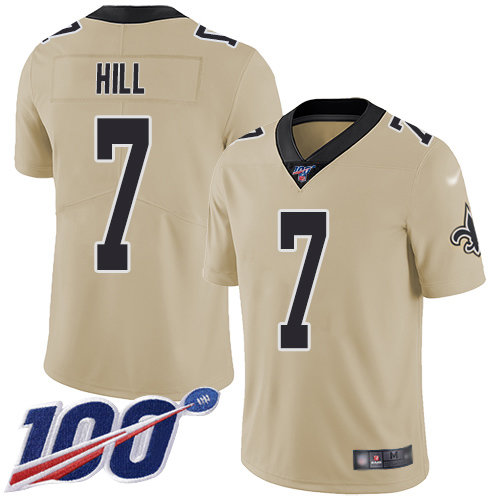 Nike Saints #7 Taysom Hill Gold Men’s Stitched NFL Limited Inverted Legend 100th Season Jersey
