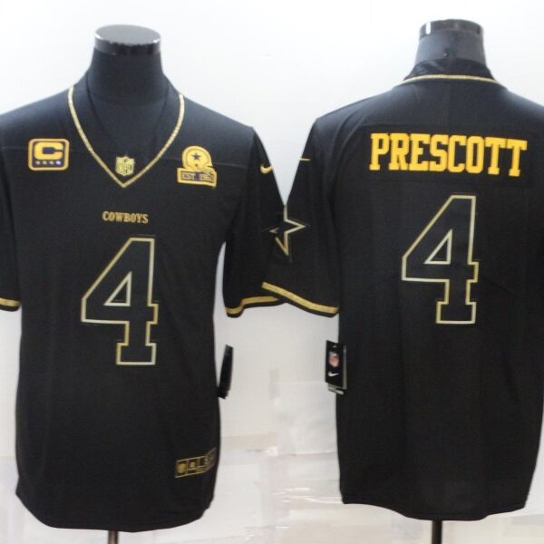 Men’s Dallas Cowboys #4 Dak Prescott Black 60th Seasons Patch Golden Edition Stitched NFL Nike Limited Jersey