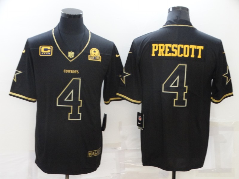 Men’s Dallas Cowboys #4 Dak Prescott Black 60th Seasons Patch Golden Edition Stitched NFL Nike Limited Jersey