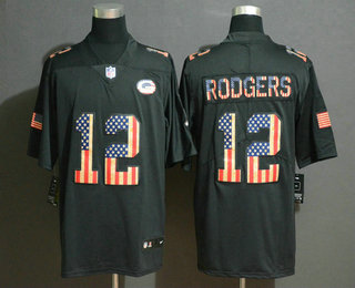 Men’s Green Bay Packers #12 Aaron Rodgers 2019 Black Salute To Service USA Flag Fashion Limited Jersey