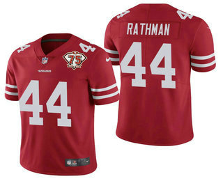 Men’s San Francisco 49ers #44 Tom Rathman Red 75th Anniversary Patch 2021 Vapor Untouchable Stitched Nike Limited Jersey