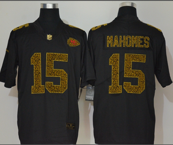 Men’s Kansas City Chiefs #15 Patrick Mahomes Black 2020 Nike Flocked Leopard Print Vapor Limited NFL Jersey