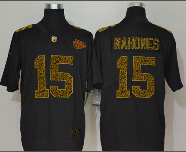 Men’s Kansas City Chiefs #15 Patrick Mahomes Black 2020 Nike Flocked Leopard Print Vapor Limited NFL Jersey