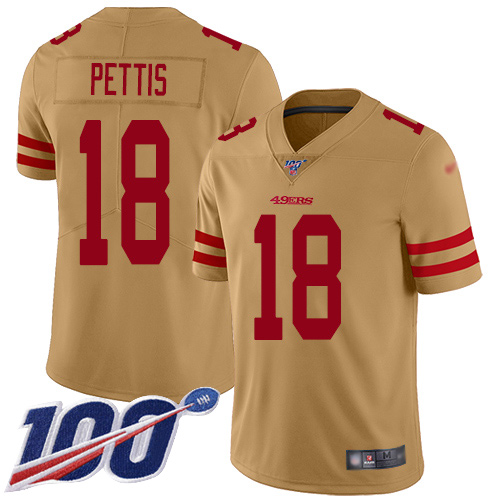Nike 49ers #18 Dante Pettis Gold Men’s Stitched NFL Limited Inverted Legend 100th Season Jersey