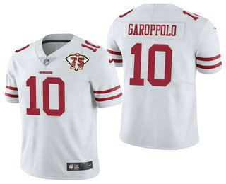 Men’s San Francisco 49ers #10 Jimmy Garoppolo White 75th Anniversary Patch 2021 Vapor Untouchable Stitched Nike Limited Jersey