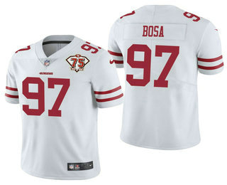 Men’s San Francisco 49ers #97 Nick Bosa White 75th Anniversary Patch 2021 Vapor Untouchable Stitched Nike Limited Jersey