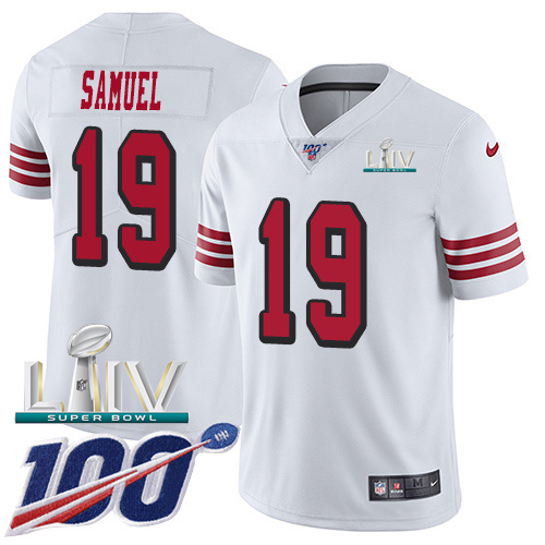 Nike 49ers #19 Deebo Samuel White Super Bowl LIV 2020 Rush Men’s Stitched NFL Limited 100th Season Jersey