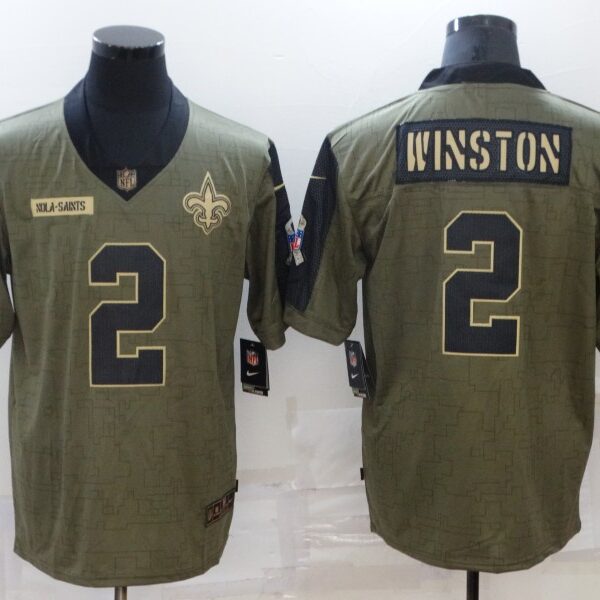 Men’s New Orleans Saints #2 Jameis Winston 2021 Olive Salute To Service Limited Stitched Jersey