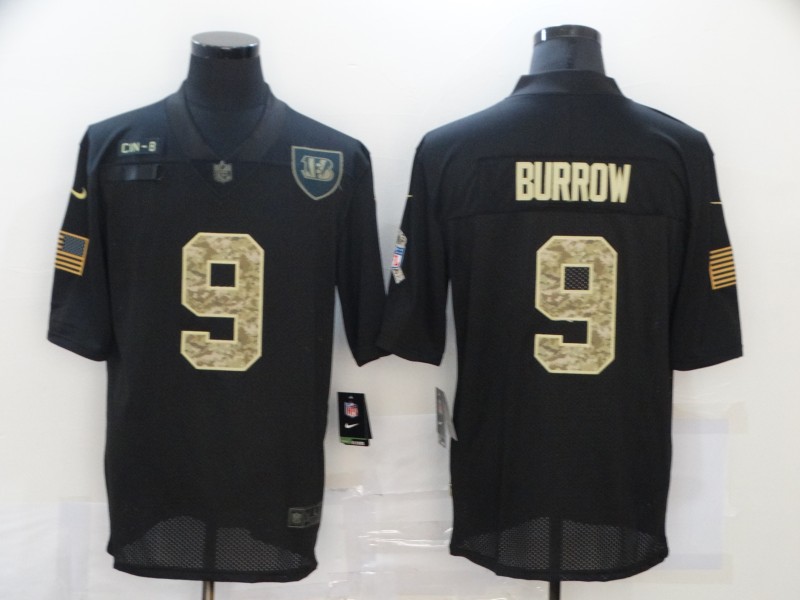Men’s Cincinnati Bengals #9 Joe Burrow Black Camo 2020 Salute To Service Stitched NFL Nike Limited Jersey