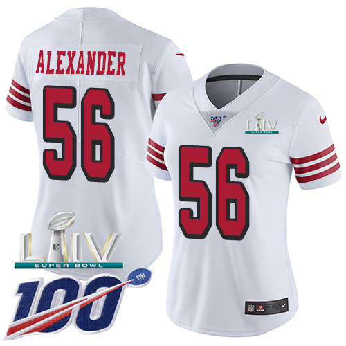 Nike 49ers #56 Kwon Alexander White Super Bowl LIV 2020 Rush Women’s Stitched NFL Limited 100th Season Jersey