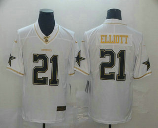 Men’s Dallas Cowboys #21 Ezekiel Elliott White 100th Season Golden Edition Jersey