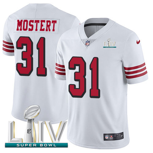 Nike 49ers #31 Raheem Mostert White Super Bowl LIV 2020 Men’s Stitched NFL Limited Rush Jersey