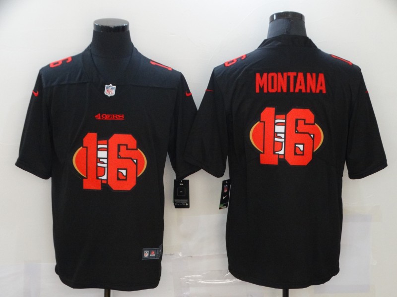 Men’s San Francisco 49ers #16 Joe Montana Black 2020 Shadow Logo Vapor Untouchable Stitched NFL Nike Limited Jersey