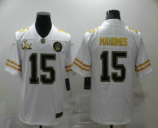 Men’s Kansas City Chiefs #15 Patrick Mahomes White Super Bowl LIV Golden Edition Jersey
