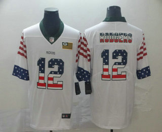 Men’s Green Bay Packers #12 Aaron Rodgers White Independence Day Stars Stripes Jersey