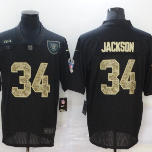 Men’s Las Vegas Raiders #34 Bo Jackson Black Camo 2020 Salute To Service Stitched NFL Nike Limited Jersey