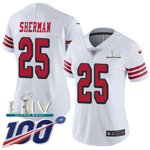 Nike 49ers #25 Richard Sherman White Super Bowl LIV 2020 Rush Women’s Stitched NFL Limited 100th Season Jersey