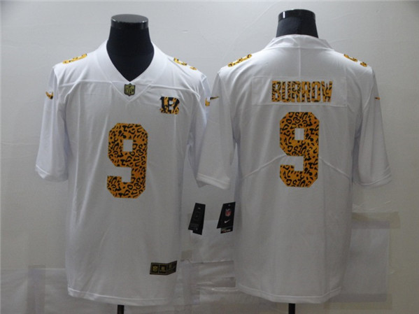 Men’s Cincinnati Bengals #9 Joe Burrow 2020 White Leopard Print Fashion Limited Stitched Jersey