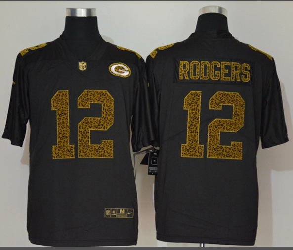 Men’s Green Bay Packers #12 Aaron Rodgers Black 2020 Nike Flocked Leopard Print Vapor Limited NFL Jersey