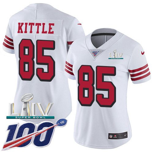 Nike 49ers #85 George Kittle White Super Bowl LIV 2020 Rush Women’s Stitched NFL Limited 100th Season Jersey